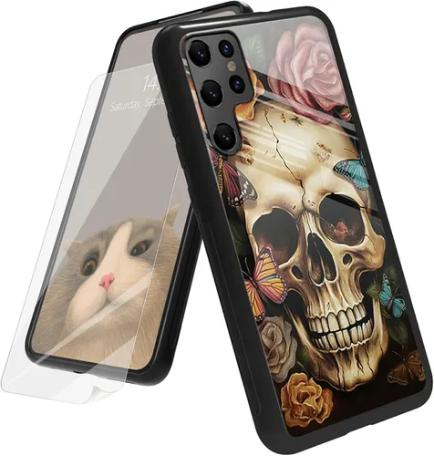 Vista 45 de Funda para Samsung Galaxy A12 5G con protector de pantalla, parte trasera de vidrio templado + TPU de silicona suave que absorbe los golpes