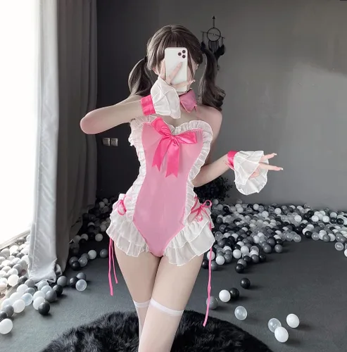 Vista 2 de SNOMYRS Disfraz de conejito sexy cosplay sirvienta japonesa anime Kawaii rosa travieso babydoll body