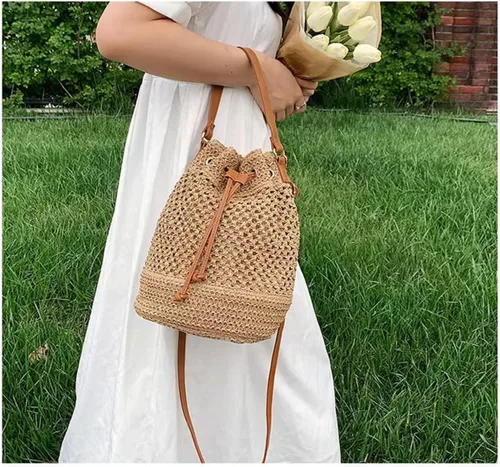 Vista 5 de Bolso pequeño de paja con cordón para mujer, bolso de hombro hueco para verano, playa