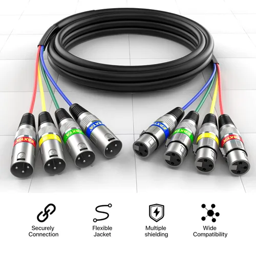 Vista 2 de EBXYA Cables XLR de serpiente de 3 pies de 4 colores, cable de micrófono XLR macho a hembra de 4 canales, para grabación en vivo, estudios Cable
