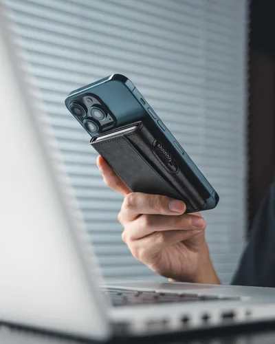 Vista 4 de VULKIT Cartera magnética para tarjetas de teléfono, funda delgada de cuero desplegable con bloqueo NFC/RFID, compatible con iPhone serie Negro
