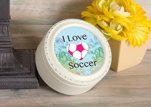 Vista 2 de I Love Fútbol Corazón Balón brillante marfil ronda joyas caja de música Reproduce Tune maravilloso mundo