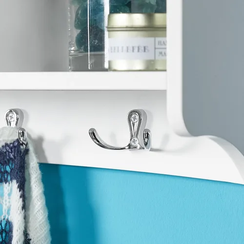 Vista 6 de Haotian - Estantería de pared blanca con ganchos para abrigos, perchero de pared para entrada, unidad de almacenamiento con 4 compartimentos y 5