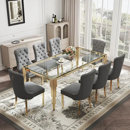Vista 10 de Juego de mesa de comedor de cristal de 5 piezas para 4, mesa de cocina cuadrada de 37 pulgadas con 4 sillas tapizadas de terciopelo negro, mesa