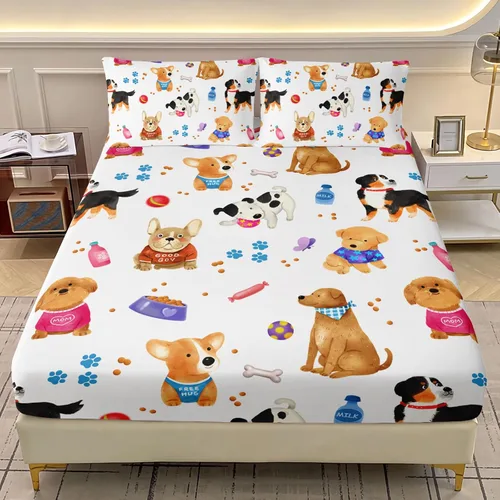 Vista 20 de AILONEN Lovely Bear - Juego de sábanas bajeras tamaño Queen, juego de ropa de cama con pajarita de dibujos animados para niños y niñas, sábana