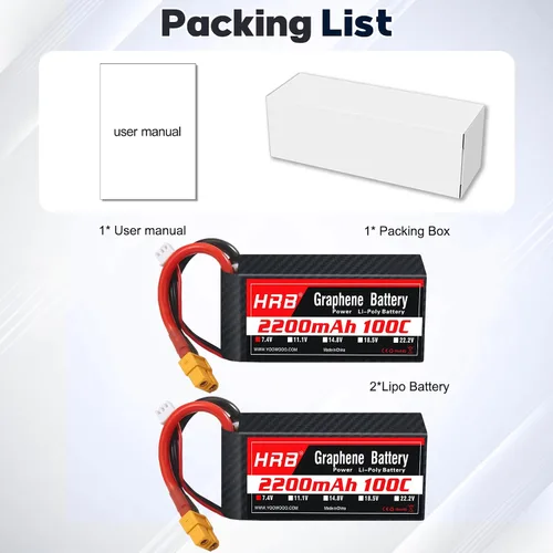 Vista 6 de HRB Graphene 2S 2200mAh Lipo Batería 100C 7.4V XT60 RC Lipo Batería Compatible con RC Car RC Truck RC Boat RC Airplane RC Helicopter (2 paquetes)