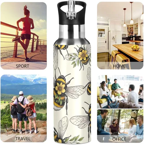 Vista 5 de Insulated Stainless Steel Water Bottle with Straw 20 Oz, Leakproof Water Bottles for Gym Outdoor Travel School, Yellow Flowers Leaves Wings