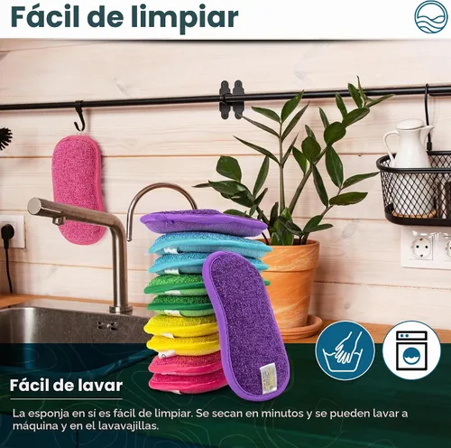 Vista 3 de Paquete de 10 esponjas de cocina – Esponjas de goma lavables y reutilizables para platos – 6 X 3 pulgadas - Multicolor