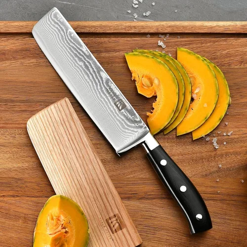 Vista 7 de Klaus Meyer Argos Damasco - Cuchillo Nakiri de acero de 7 pulgadas con funda de madera