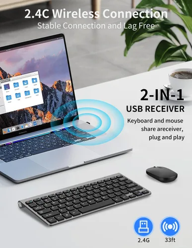 Vista 2 de Combo compacto de teclado y mouse inalámbricos, mini teclado de viaje portátil y mouse silencioso con receptor USB, clic silencioso, tamaño pequeño