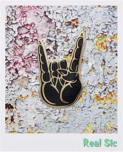 Vista 2 de Real Sic Hail Satan Horns Pin Pin esmaltado con símbolo de mano de metal pesado, oculto, símbolo de mano para mochilas, sombreros, bolsos
