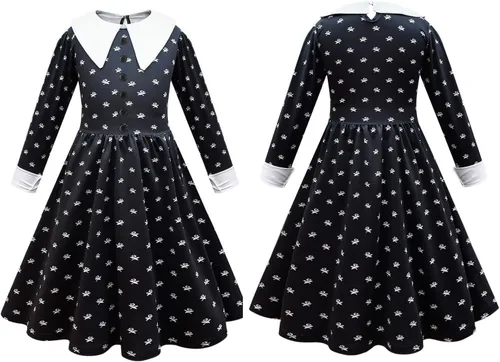 Vista 3 de Wednesday Addams - Vestido de disfraz para niñas, disfraz negro de la familia Addams, disfraz para niños, Halloween, terror, cosplay