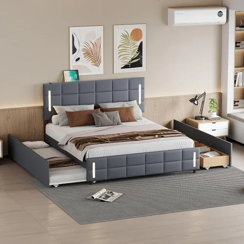Vista 37 de Cama de plataforma flotante, marco de cama de madera tamaño individual con rayas claras, tela de lino suave y cabecera de diseño capitoné