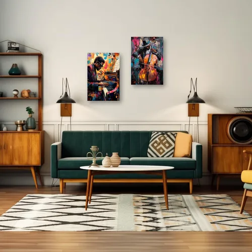 Vista 4 de PBXBJY Arte de pared de música negra, impresiones en lienzo de jazz, 2 piezas afroamericanas tocando piano y violín, póster con temática de música