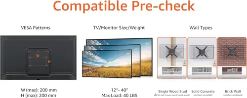Vista 2 de Amazon Basics Soporte de pared fijo plano para TV se ajusta a TVs de 12 a 40 pulgadas y VESA 200x200, negro