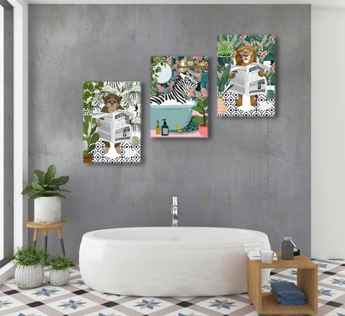 Vista 5 de 3 piezas de lienzo de animales de la selva para baño, arte de pared de cebra en la bañera, imágenes de mono león en el inodoro, lectura
