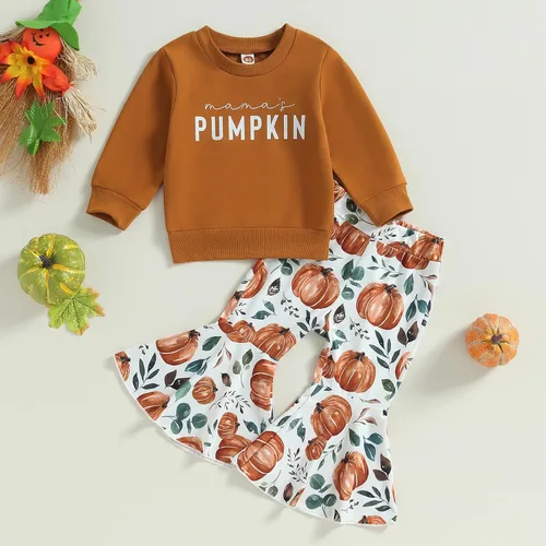 Vista 2 de Madjtlqy Conjunto de ropa de Halloween para bebé niña con estampado de calabaza con estampado de calabaza, camiseta de manga larga + pantalones