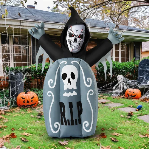 Vista 2 de COMIN Inflables de Halloween de 5.3 pies con lápida fantasma para decoración al aire libre, inflables de Halloween con luz LED incorporada