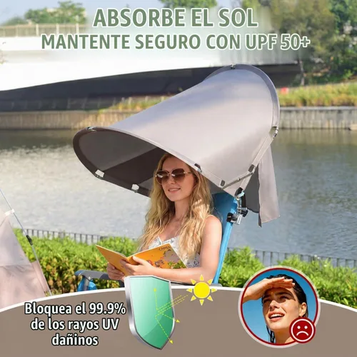 Vista 6 de Toldo universal XL resistente al viento para silla, extra grande plegable UPF 50+ con abrazadera ajustable, se adapta a la mayoría de la playa