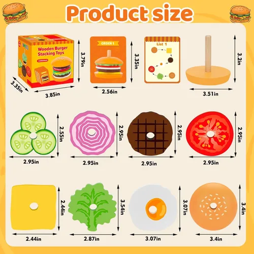 Vista 5 de Jumlys Montessori Juguetes de Madera Apilables de Hamburguesa para Niños de 2, 3, 4, 5 Años, Juguetes de Motricidad Fina para Niños y Niñas