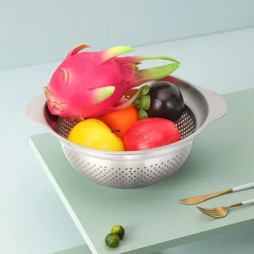 Vista 9 de BESPORTBLE Cuenco de acero inoxidable grueso multiusos con asas, para lavado de arroz y pasta, soporte estable para fregadero para verduras, frutas