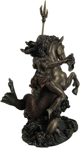 Vista 3 de Zeckos Poseidón griego Dios del mar sosteniendo Tridente en hipocampo Estatua de mesa de metal marrón oscuro/negro