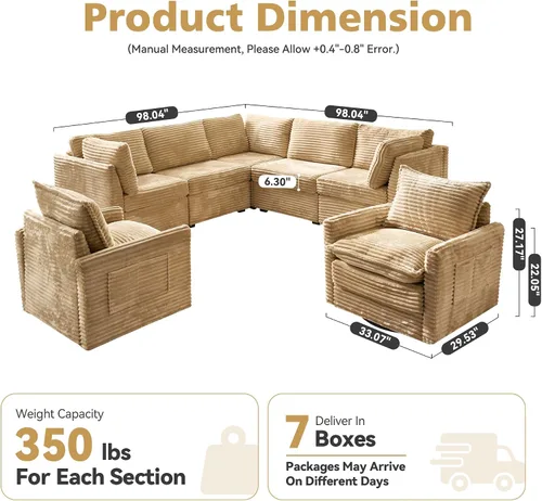 Vista 2 de Sofá seccional modular, conjunto de sofá en forma de L de 98" para sala de estar, 4 asientos cómodos tipo nube con sillas giratorias, combinación