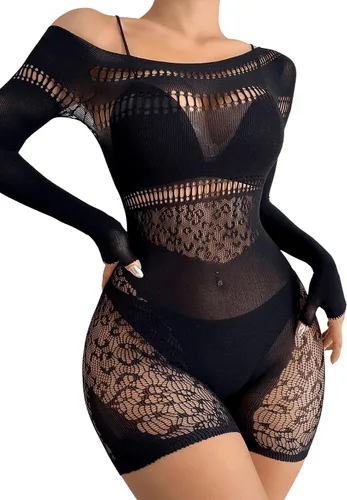 Vista 5 de SHENHE Women's Mesh Hollow Out Backless Sleeveless Halter Babydoll Lingerie Dress Fishnet Romper
