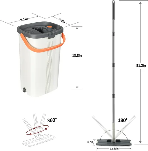 Vista 6 de Jelymark Trapeador plano y cubo con juego de escurridor, separa el agua sucia y limpia, mopa de 3 cámaras para uso húmedo y seco, mopas sin apretar