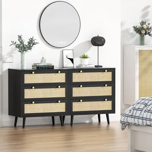 Vista 3 de Anmytek Juego de 2 cómodas negras con 3 cajones para dormitorio, cómoda moderna de madera con 3 cajones, cómoda negra con amplio almacenamiento