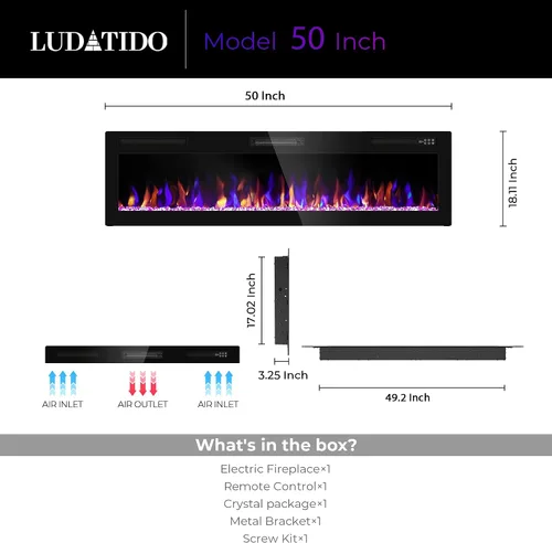 Vista 2 de Ludatido Chimenea eléctrica de 50 pulgadas montada en la pared/empotrada, inserto de chimenea eléctrica con 51000BTU para habitación de 410 pies