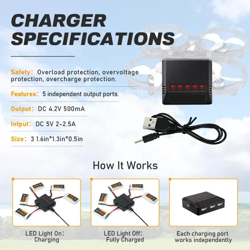 Vista 6 de 3.7V Lipo Batería 450mAh Alta Capacidad 25C RC Molex Drone Batería con 5-en-1 Cargador para SYMA Q11 AT-96 TR-C385 TR-P51 TR-F22 H99W H31 H6C H98