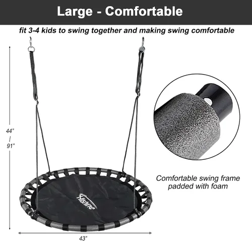 Vista 3 de Columpio de árbol de platillo negro de 43 pulgadas para niños, columpio redondo volador impermeable y resistente a todo tipo de clima, tapete