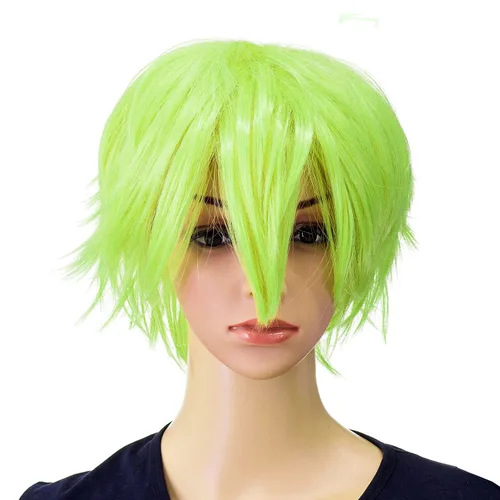 Vista 2 de SWACC Peluca corta unisex de moda con capas de anime, para hombres y mujeres (verde lima)