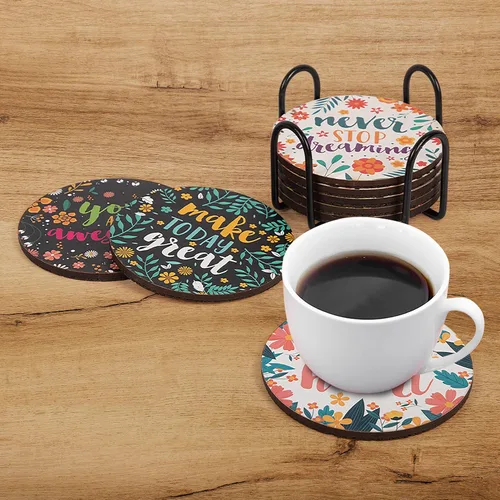 Vista 5 de Good Vibes - Juego de 8 posavasos para bebidas, base de corcho absorbente para protección de mesa, hecho de madera de ingeniería, ideal