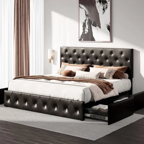 Vista 14 de HOOMIC Base de cama de almacenamiento de plataforma de tamaño matrimonial con 4 cajones y cabecera ajustable, listones de madera, no necesita Blanco