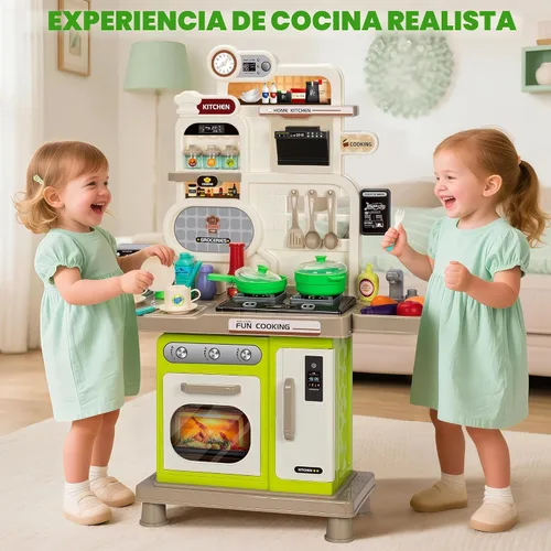 Vista 2 de Juego de cocina para niños, juego de cocina para niños pequeños, juguetes con sonido y luz, estufa de cocina, fregadero de juegos, accesorios