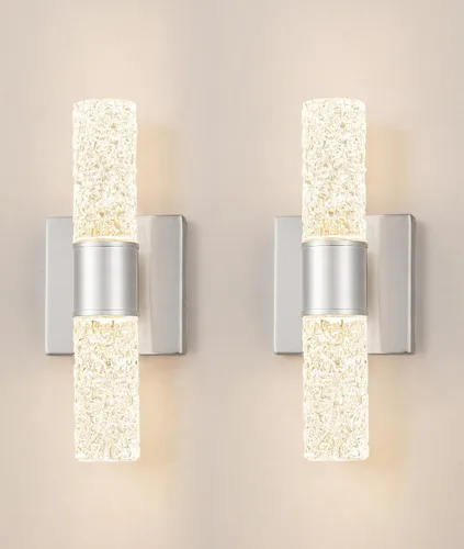 Vista 16 de Juego de 2 apliques de pared LED de cristal, lámparas de baño de oro cepillado, modernas luces de baño con LED con cable para dormitorio, sala