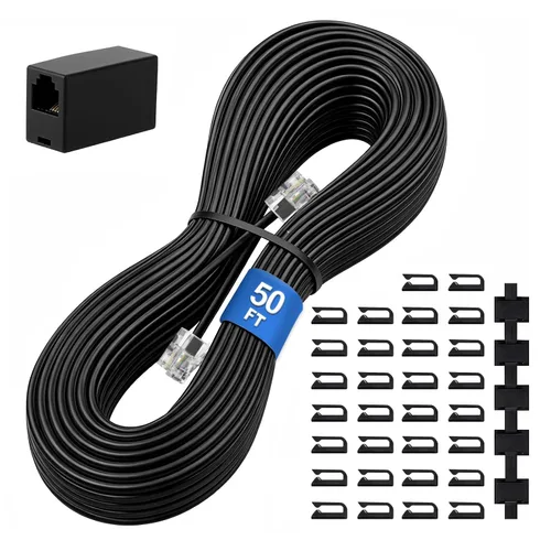 Vista 17 de Uvital Cable de extensión de teléfono de 15 pies, acoplador RJ11 y clips de Negro