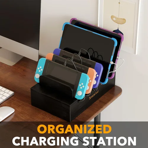 Vista 2 de Estación de carga SpaceAid de bambú para múltiples dispositivos, estaciones de acoplamiento para teléfono celular para múltiples laptops, tabletas
