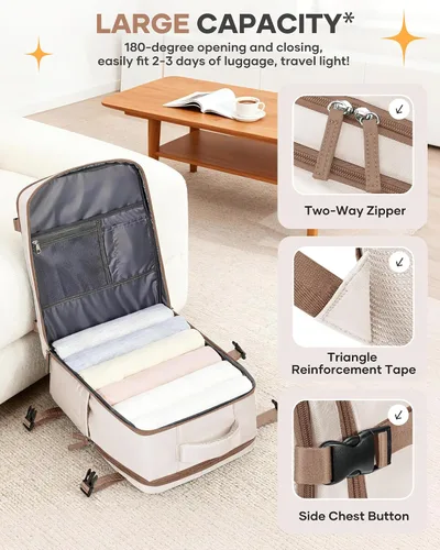 Vista 5 de Mochila de viaje grande, bolsa de mano, aprobada para aviones, para artículos personales, para hombre o mujer, color beige con marrón