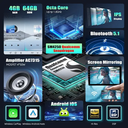 Vista 3 de Qualcomm 8-Core 4G+64G Estéreo de coche para Honda Civic 2001 2002 2003 2004 2005 con CarPlay Android Auto 9 "IPS pantalla táctil Android 15 Radio