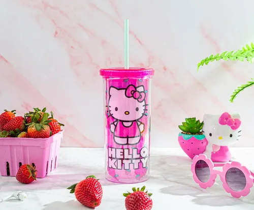 Vista 3 de Toynk Sanrio Hello Kitty Berry - Vaso de plástico para carnaval, vaso de viaje con tapa y popote reutilizable, capacidad para 20 onzas