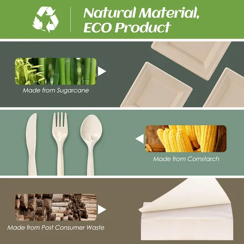Vista 2 de Juego de platos de papel compostables para fiestas, 300 unidades, platos cuadrados de papel marrón de 10 y 8 pulgadas, utensilios y servilletas