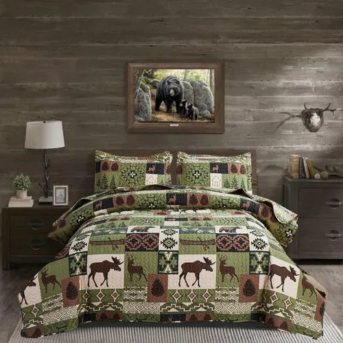 Vista 9 de Juego de edredón de tamaño Queen/Matrimonial, ropa de cama rústica de cabaña, colcha reversible para el hogar, colcha ligera para el hogar, colcha