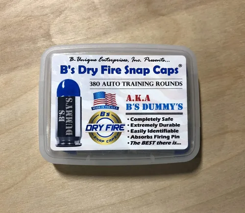 Vista 2 de B's Dry Fire Snap Caps - A.K.A. B's Dummy's - Dummy 380 Tapas de entrenamiento automático (paquete de 7) (níquel azul)