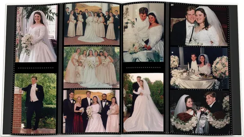 Vista 6 de Pioneer - Álbum de fotos, con cubierta de piel sintética cosida con collage y marco con texto "Boda" en relieve, color marfil.