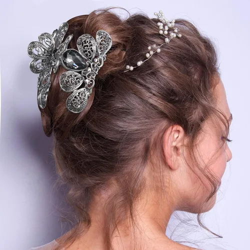 Vista 7 de Chuangdi 4 pinzas para el cabello con diamantes de imitación de cristal vintage, pinza de metal con diamantes de imitación brillantes con purpurina