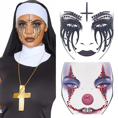 Vista 8 de Paquete de 2 calcomanías de cara de Halloween, gemas de payaso, maquillaje de monja, tatuaje de cara temporal de diamantes de imitación