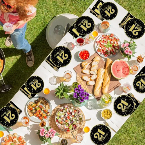 Vista 6 de 200 piezas de suministros para fiesta de cumpleaños de 21 años, platos de papel negro dorado, Brindis por 21 años, platos de papel y servilletas